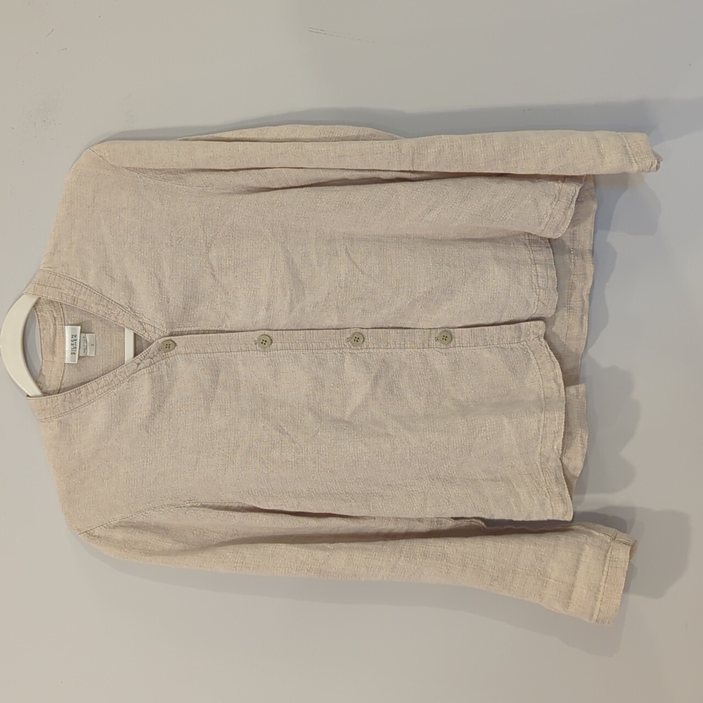 Eileen Fisher Linen Light Beige Button-Front Long-Sleeve Top EUC
